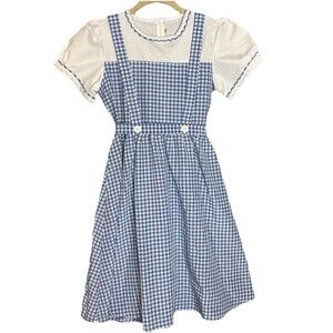 Dorothy Costume Overall Dress Blue Gingham Puff Sleeve Knee Length Tie Back